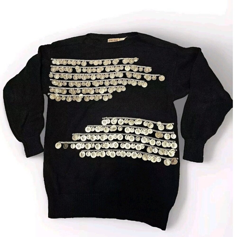 Vintage Ceau Vive Silver Coin Long Sleeve Sweater 1980's Wms Large Gypsy Boho